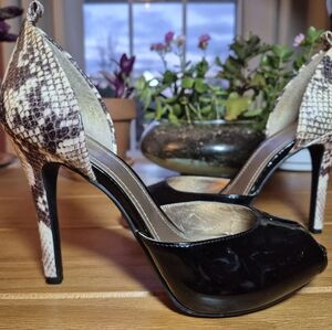 BCBGeneration Snakeskin & Black Patent‎ Peep Toe Heels - Size 6.5